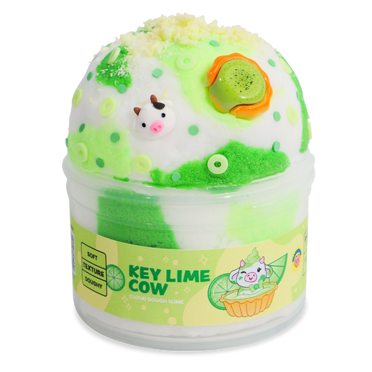 Key Lime Cow cloud dough slime in clear container with cow decorations