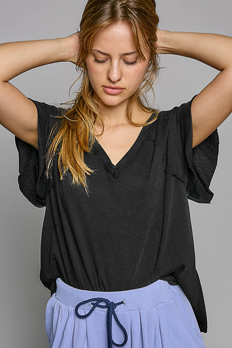 Short Ruffle Sleeve V-neck in Vintage Black - Buttercup Lynne Boutique