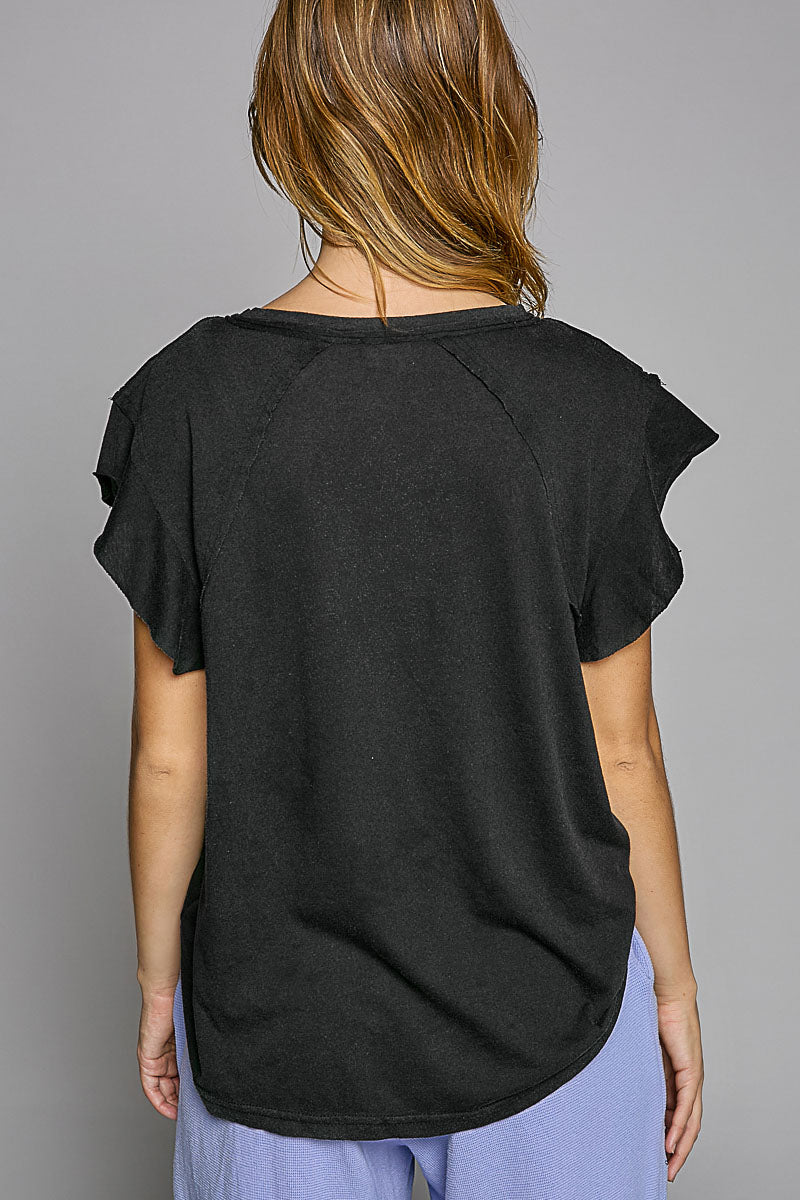 Short Ruffle Sleeve V-neck in Vintage Black - Buttercup Lynne Boutique