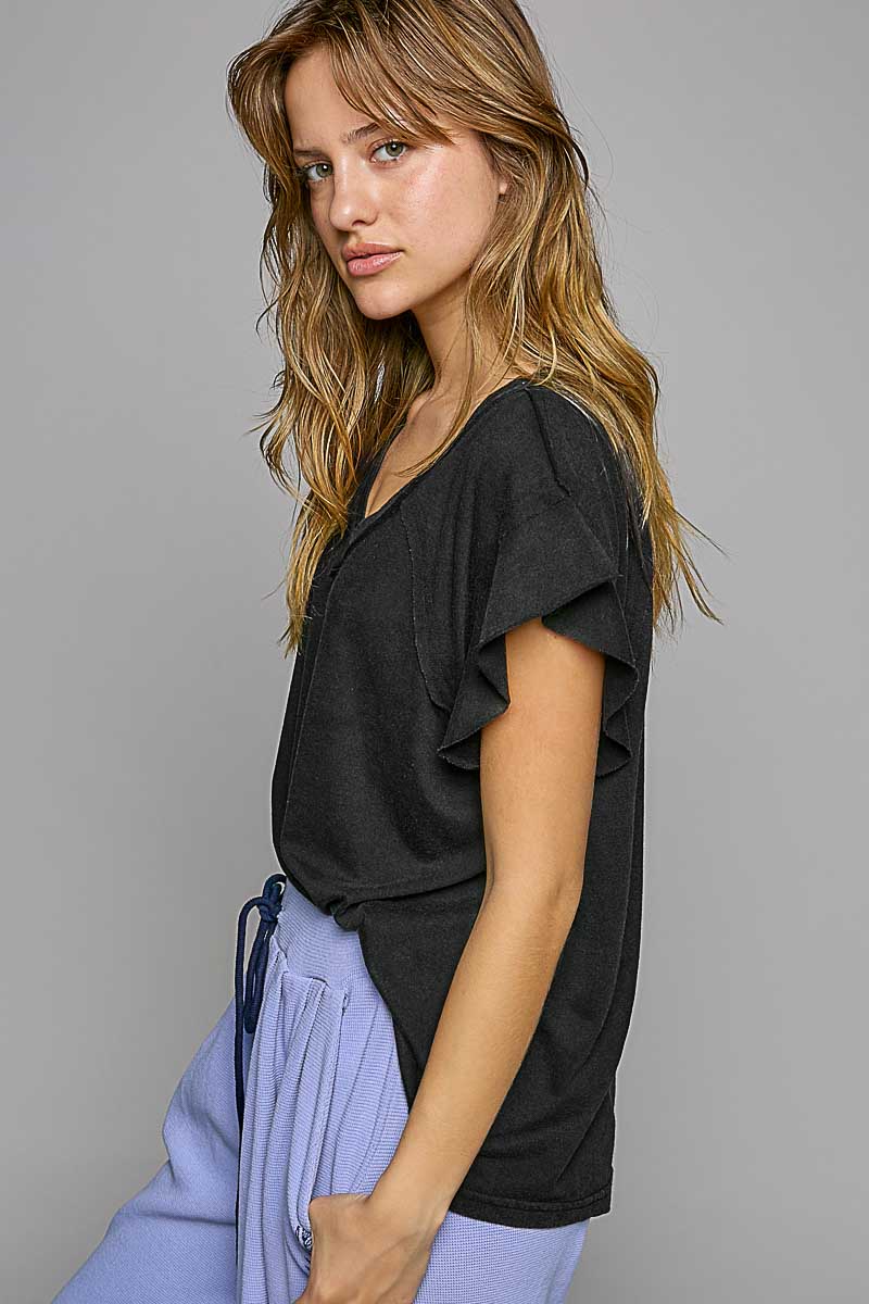 Short Ruffle Sleeve V-neck in Vintage Black - Buttercup Lynne Boutique