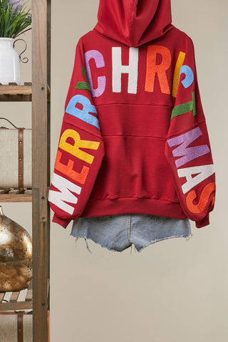 Red zip-up hoodie with colorful Merry Christmas chenille letter patches on back and sleeves
