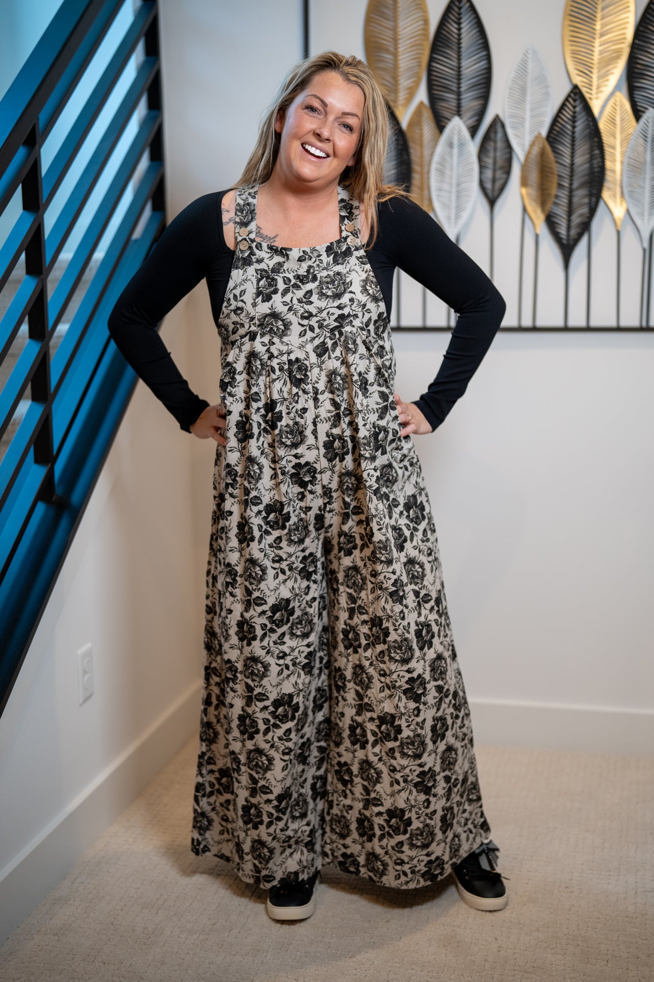 BiBi Garden Noir Floral Overall Jumpsuit — Grey & Black - Buttercup Lynne Boutique