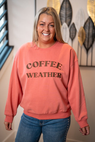 Coral pink Coffee Weather embroidered crewneck sweatshirt, oversized fit