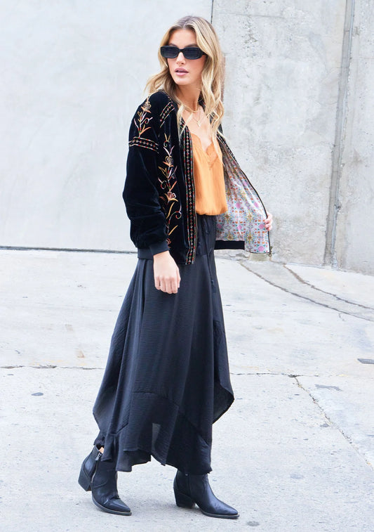 Black Handkerchief Hem Satin Maxi Skirt – Boho Flowy  Lovestitch