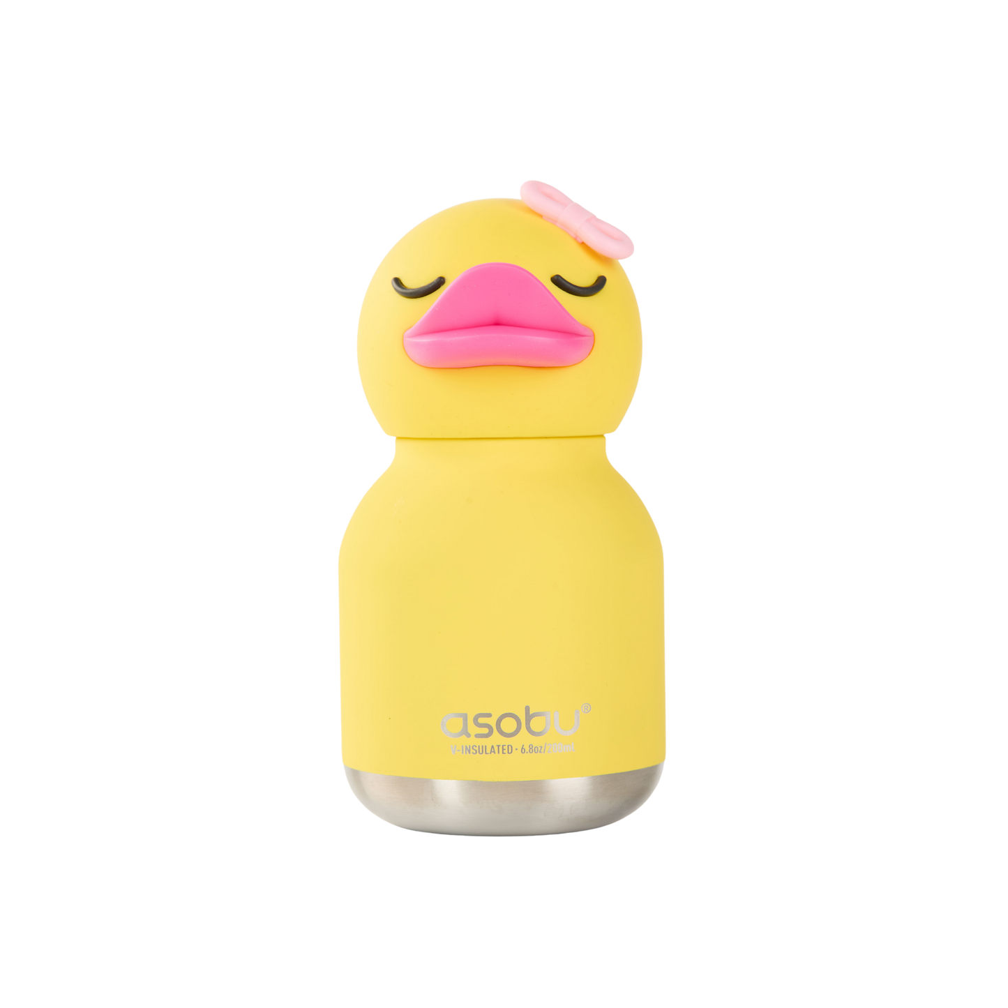 Yellow Asobu Mini Bestie Ducky insulated water bottle with pink duck face design