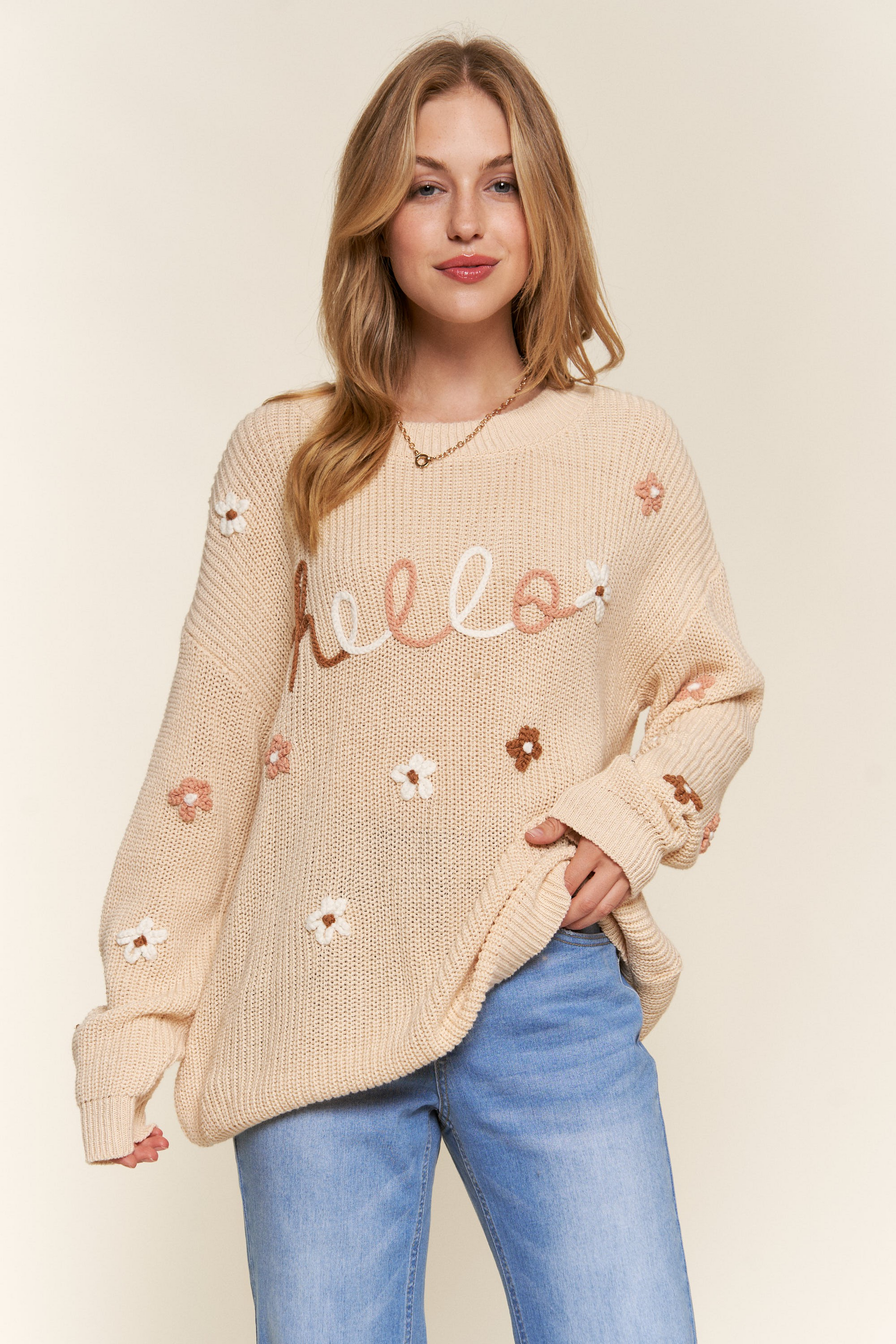 Hello Blossom Flower Embroidery Sweater - Buttercup Lynne Boutique