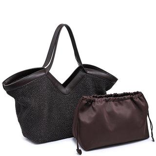 Dark brown woven handbag and brown drawstring pouch on a white background