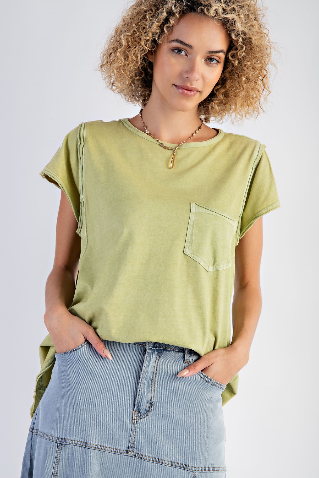 Mineral Washed Cotton Jersey Cap Sleeve Top in Green Tea - Buttercup Lynne Boutique