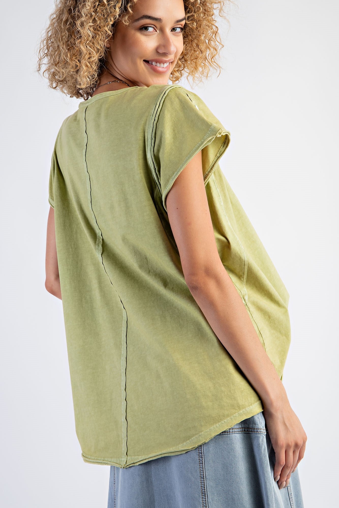 Mineral Washed Cotton Jersey Cap Sleeve Top in Green Tea - Buttercup Lynne Boutique