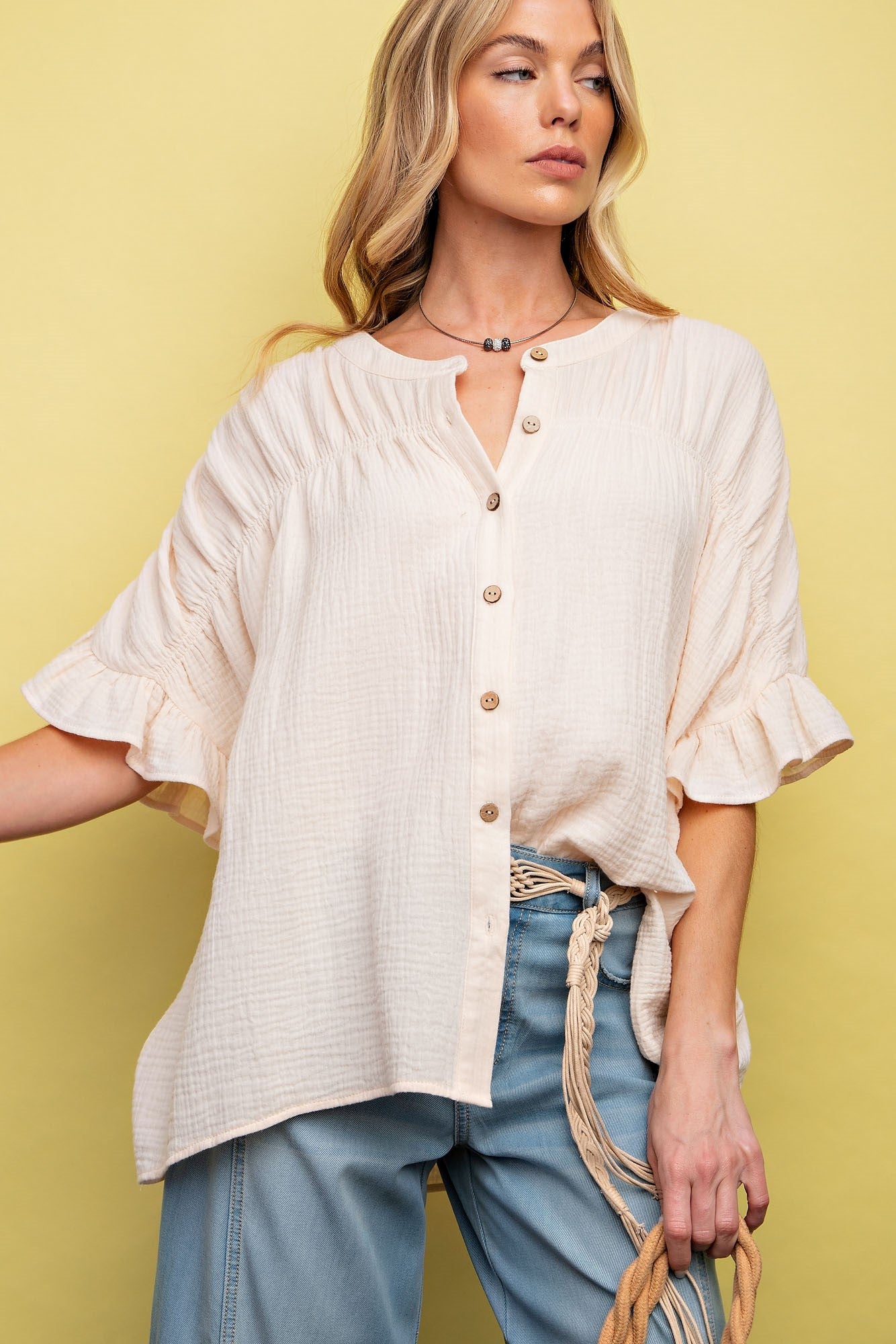 Cotton Gauze Top with Wing Sleeves in Ivory - Buttercup Lynne Boutique