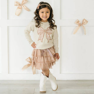Girls pink gingham tiered tulle tutu skirt with satin bow waist tie
