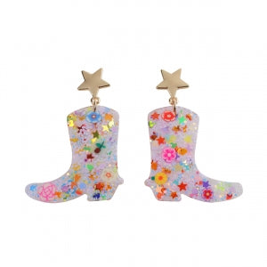 Cowboy boot earrings with floral patterns and star accents on a white background