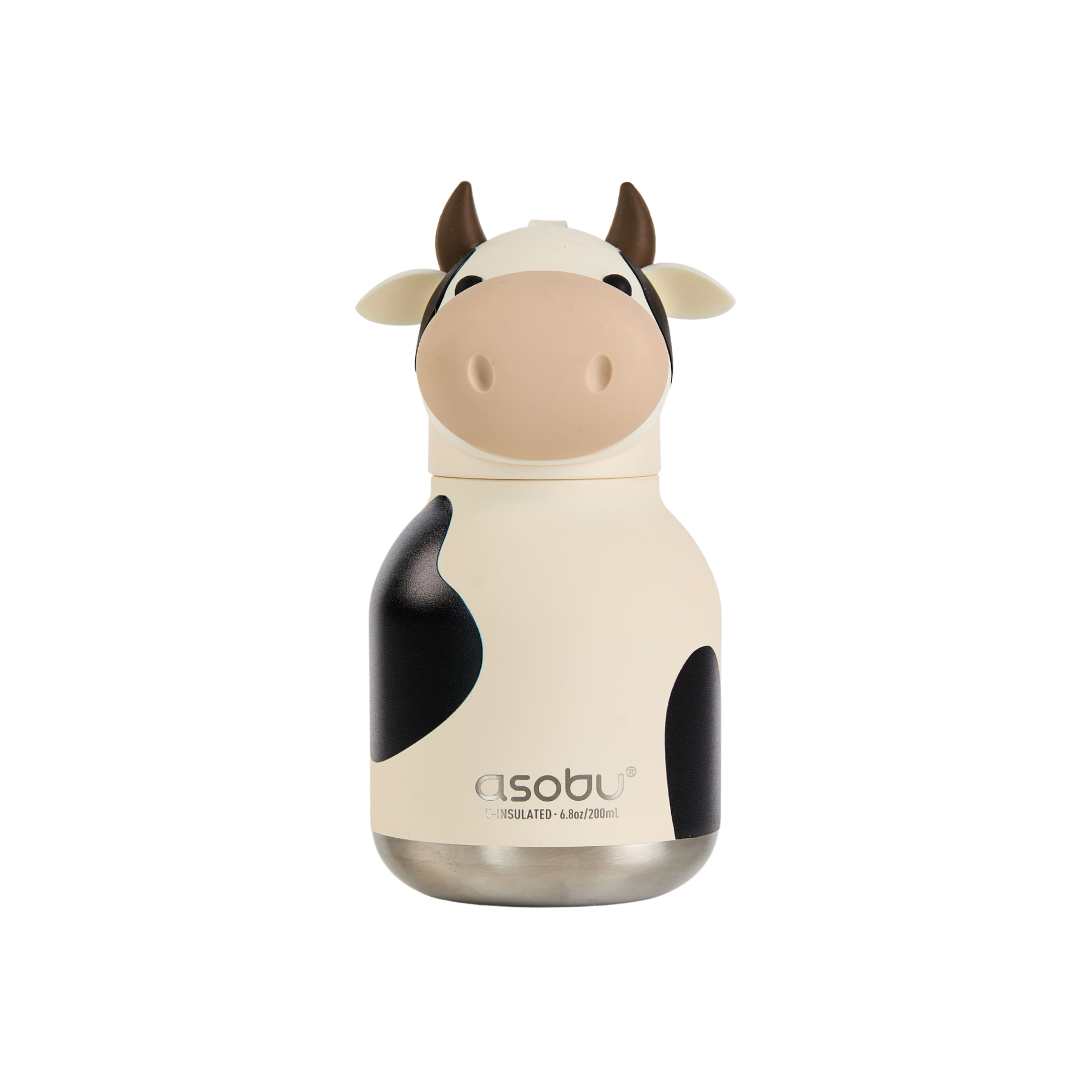Asobu Mini Bestie Cow insulated water bottle with white body and black spots