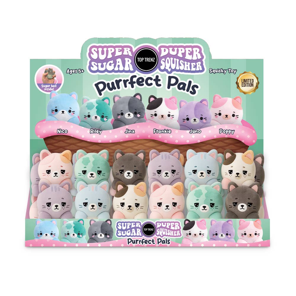 Super Sugar Squisher Purrfect Pals packaging with cute cat-shaped toys in various colors.