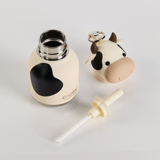 Asobu Mini Bestie Cow water bottle with cow-shaped top and straw