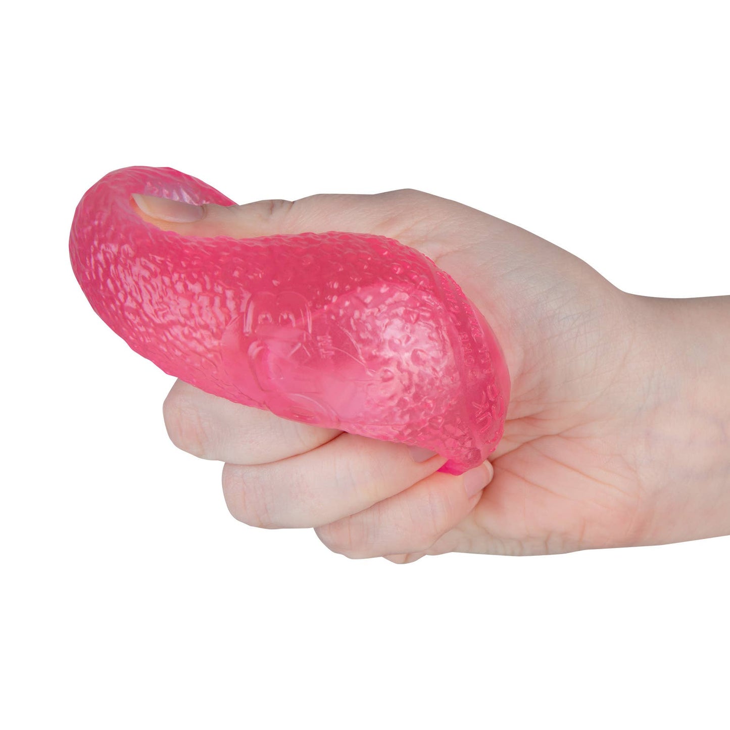 Hand holding a pink stress ball against a white background