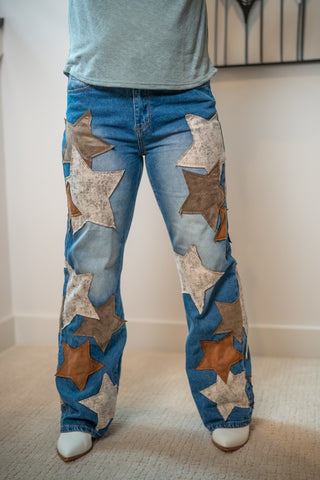 Oli & Hali Washed Leather Star Patched Jeans - Buttercup Lynne Boutique