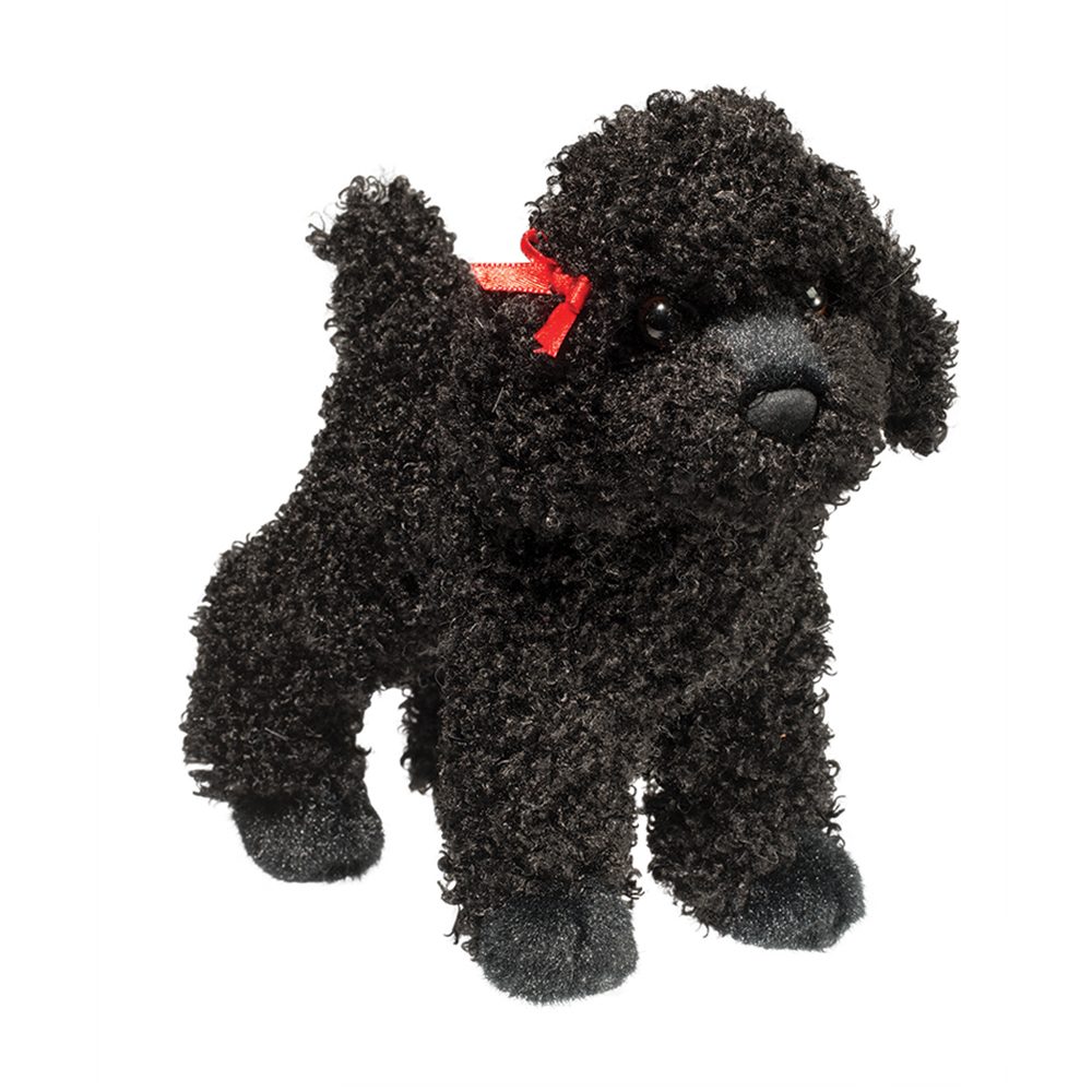 Douglas Gigi black poodle plush toy with curly fur and red ribbon