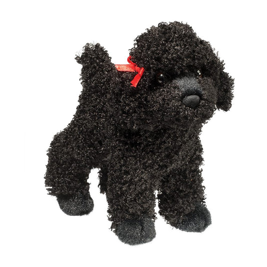 Douglas Gigi black poodle plush toy with curly fur and red ribbon