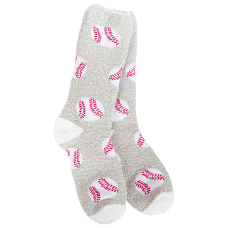 Gray fuzzy crew socks featuring all-over white baseball print with red stitching pattern