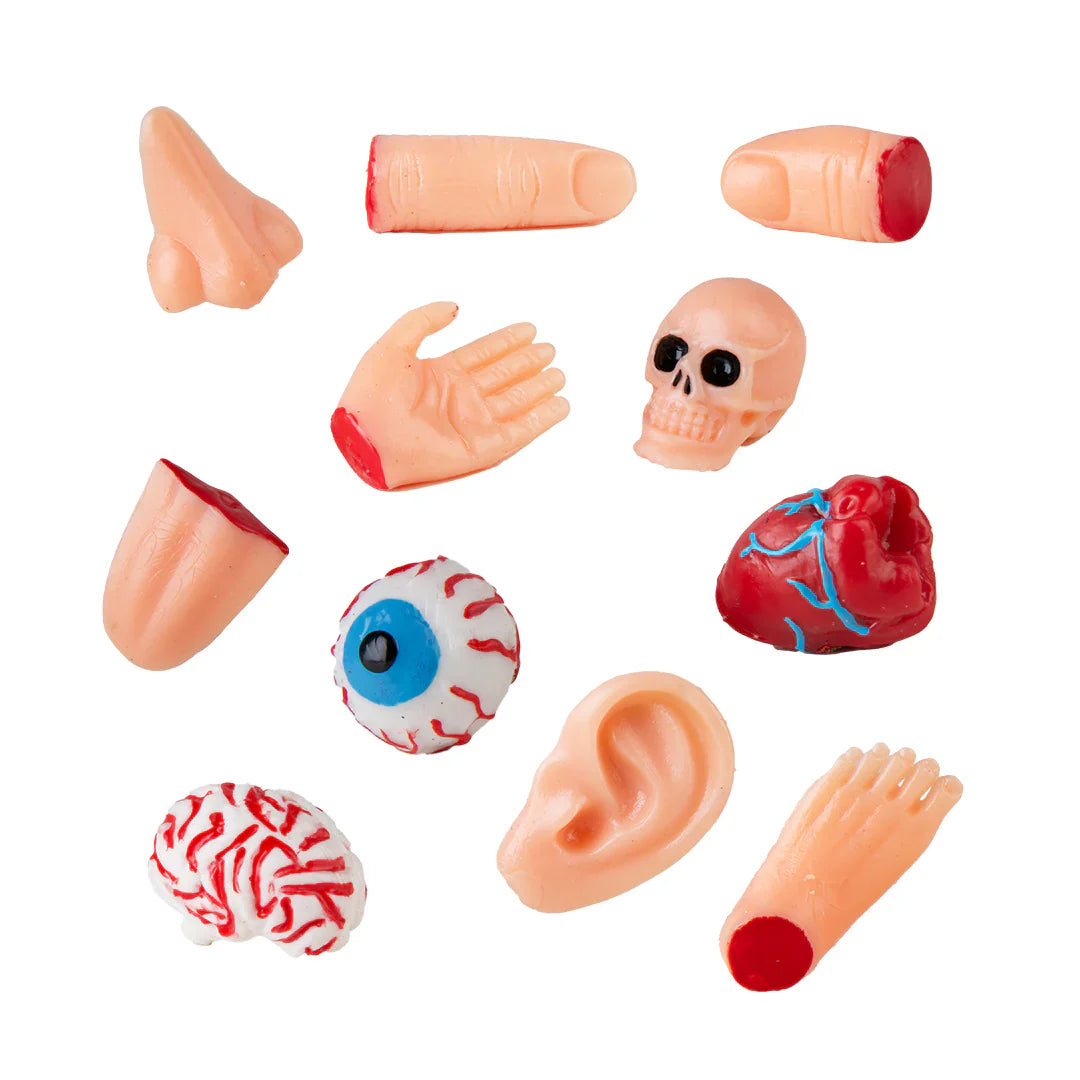 Collection of sticky stretchy body parts including fingers, eyeball, skull, heart, brain and ear