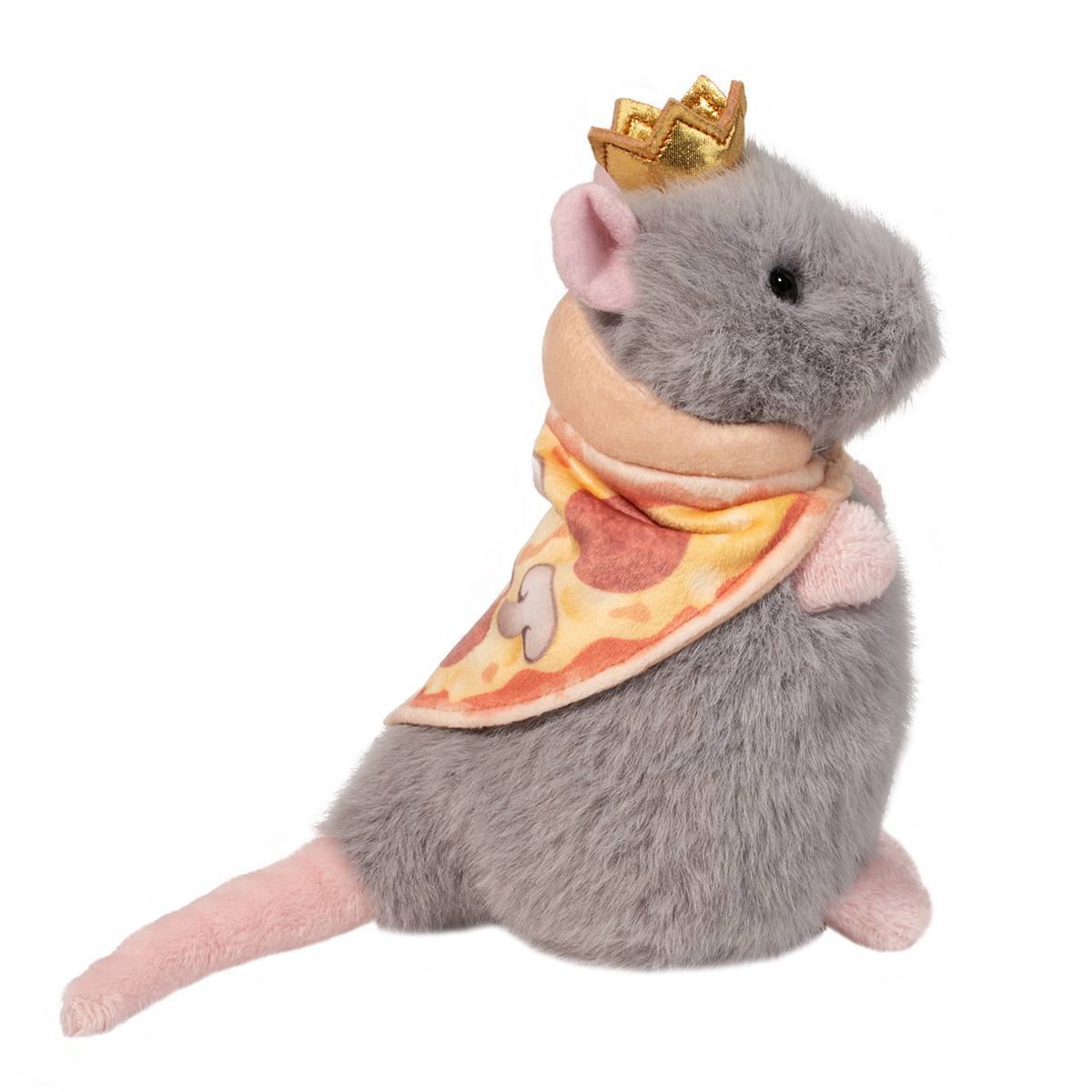 Gray plush rat wearing golden crown and pizza slice cape