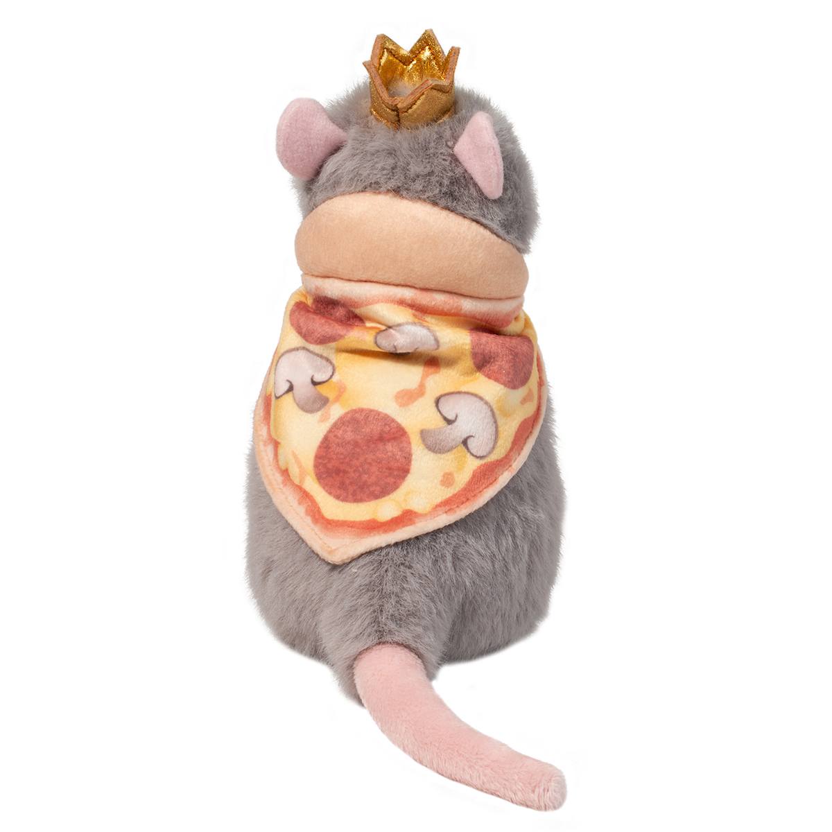 Gray plush rat wearing golden crown and pizza slice bib