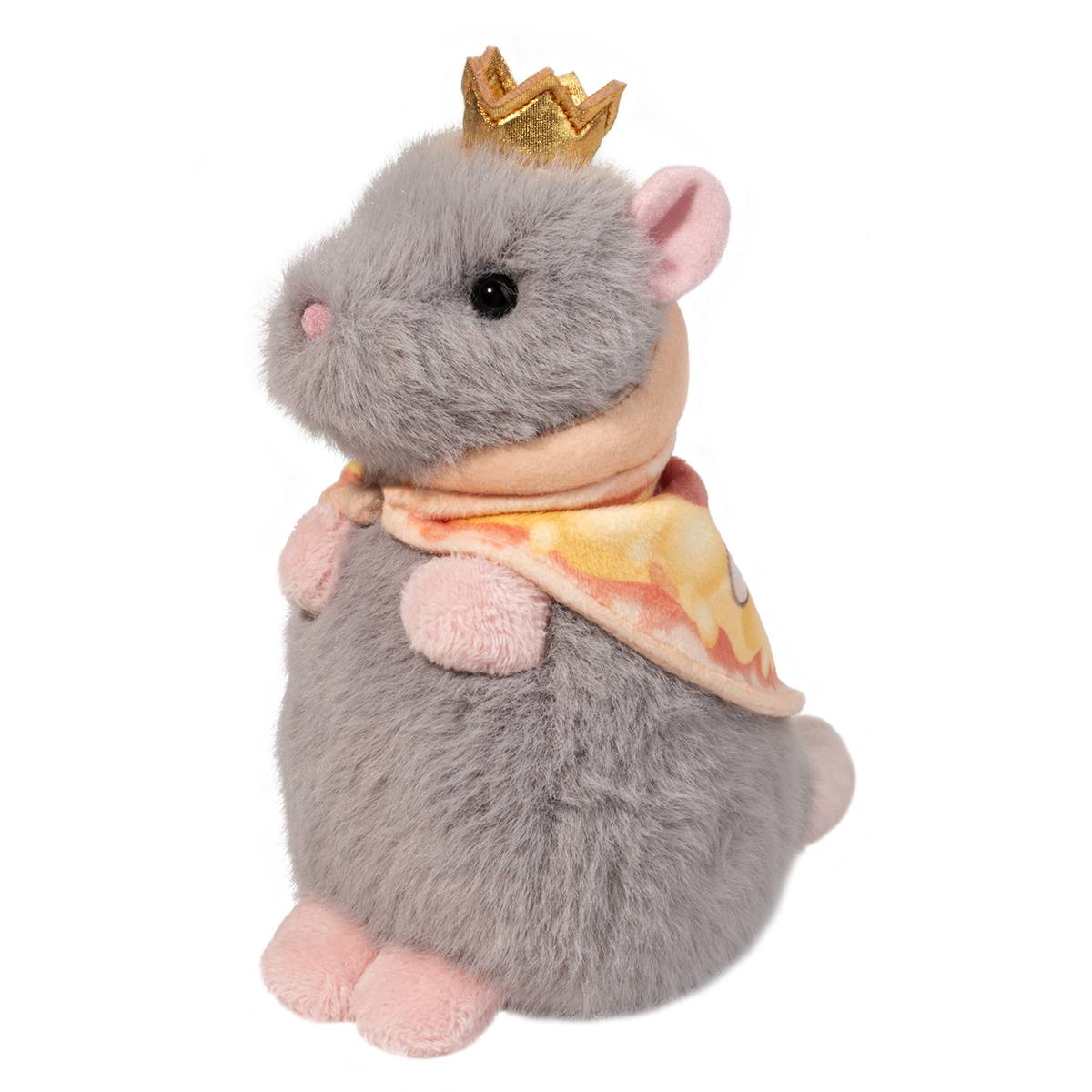 Gray plush rat toy wearing golden crown and pizza slice cape