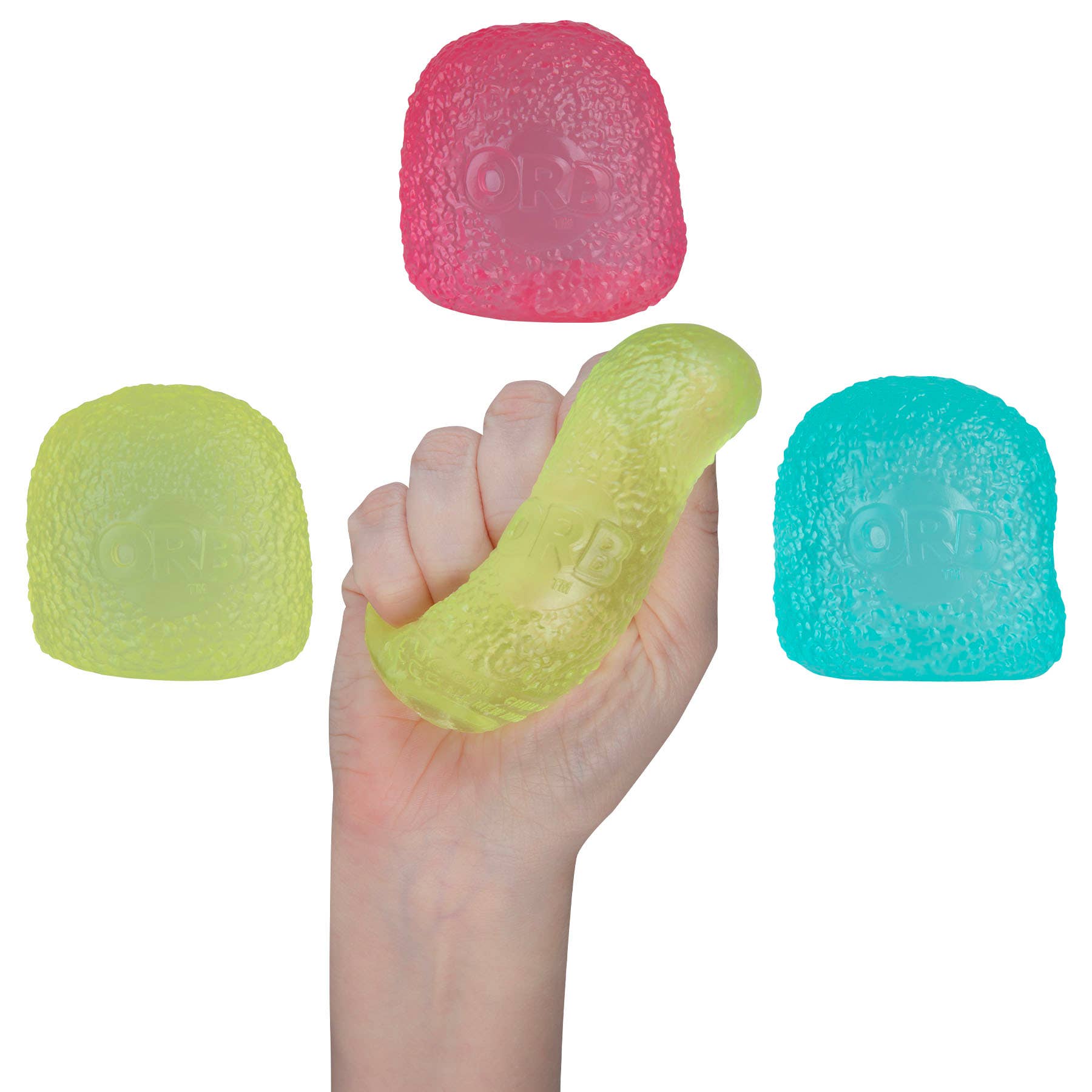 Colorful stress balls with a hand squeezing one, on a white background