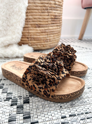 Corkys Wild Child leopard print slide sandals with ruffled fabric detail