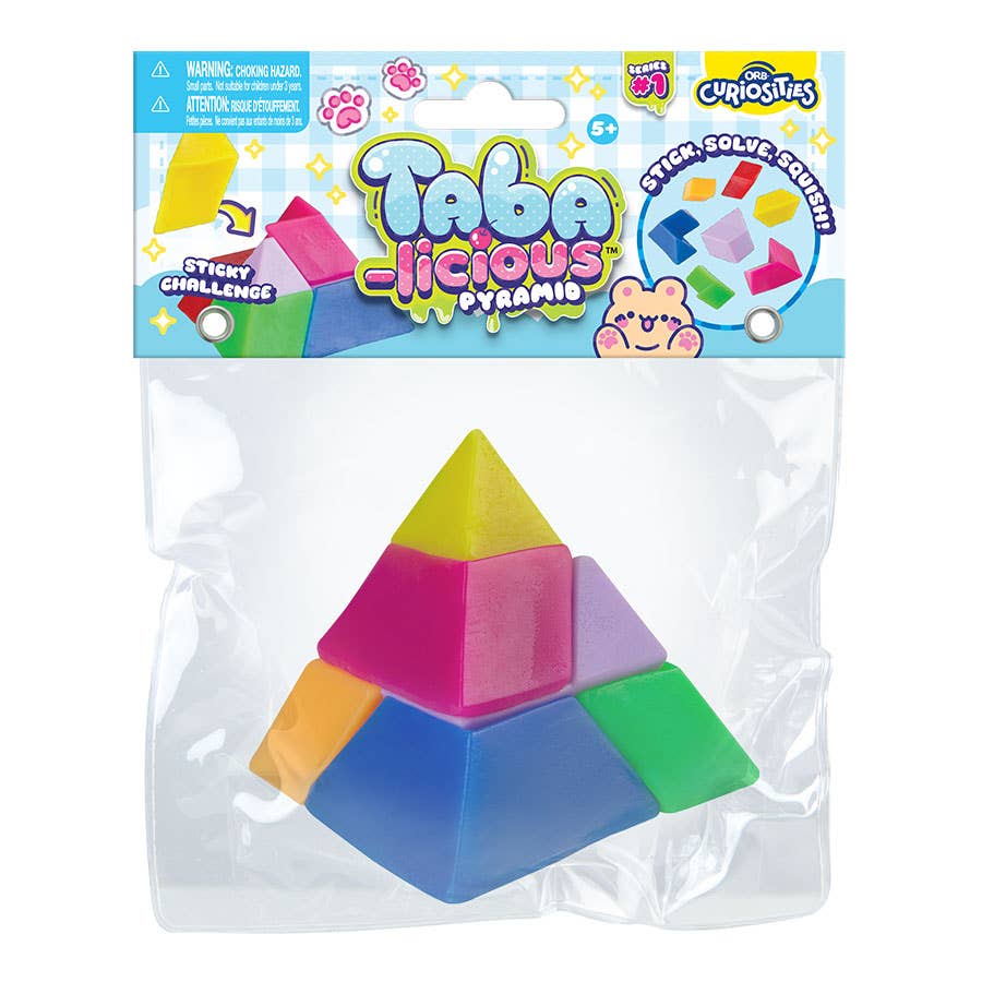 Colorful pyramid-shaped toy in a Taba packaging on a white background