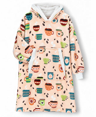LazyOne Coffee Club Blanket Hoodie in peach with colorful coffee mug print and sherpa lining