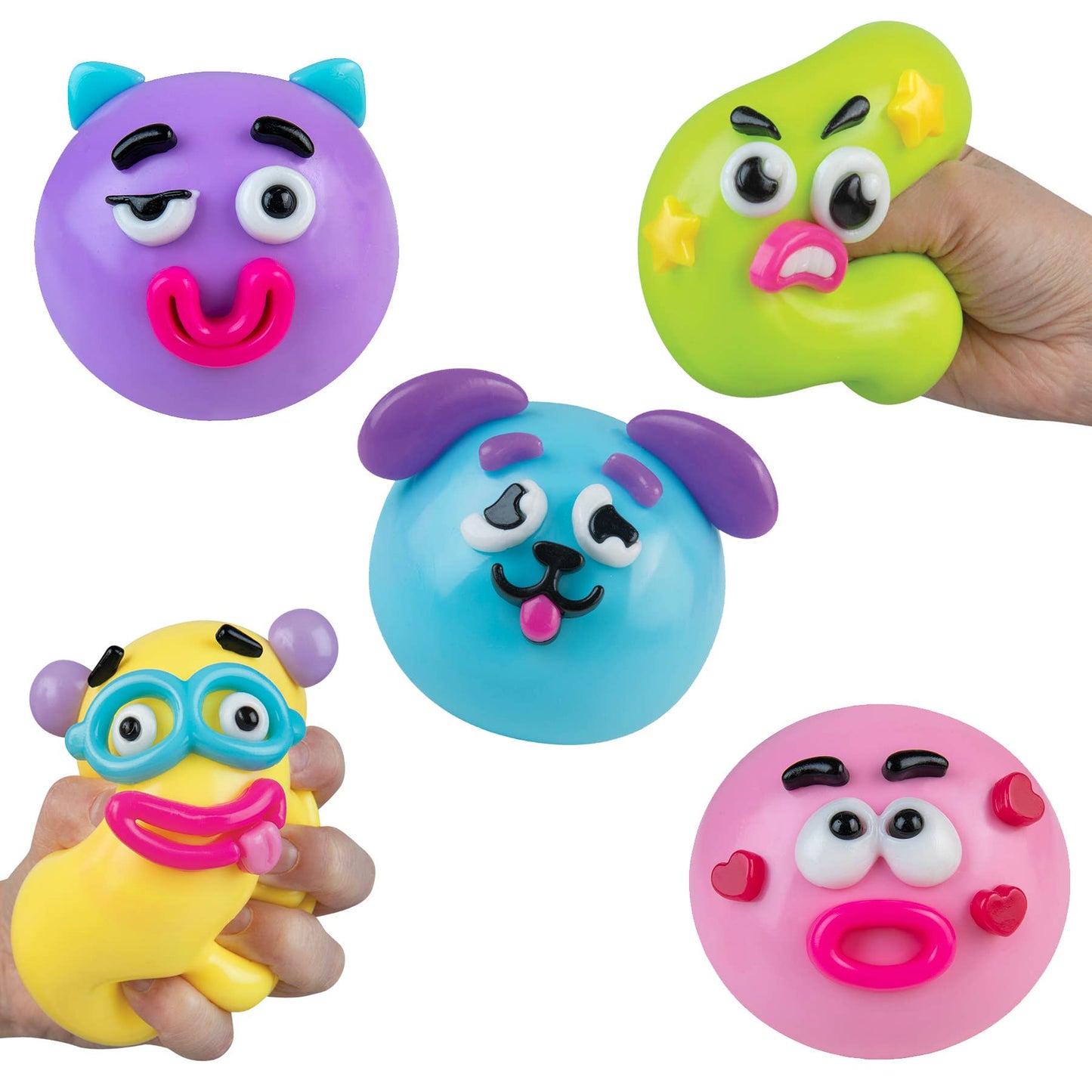 Colorful character-shaped toys held by hands on a white background
