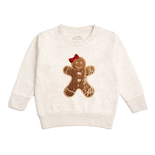 Oatmeal kids crewneck sweatshirt with sequin gingerbread girl patch and red bow