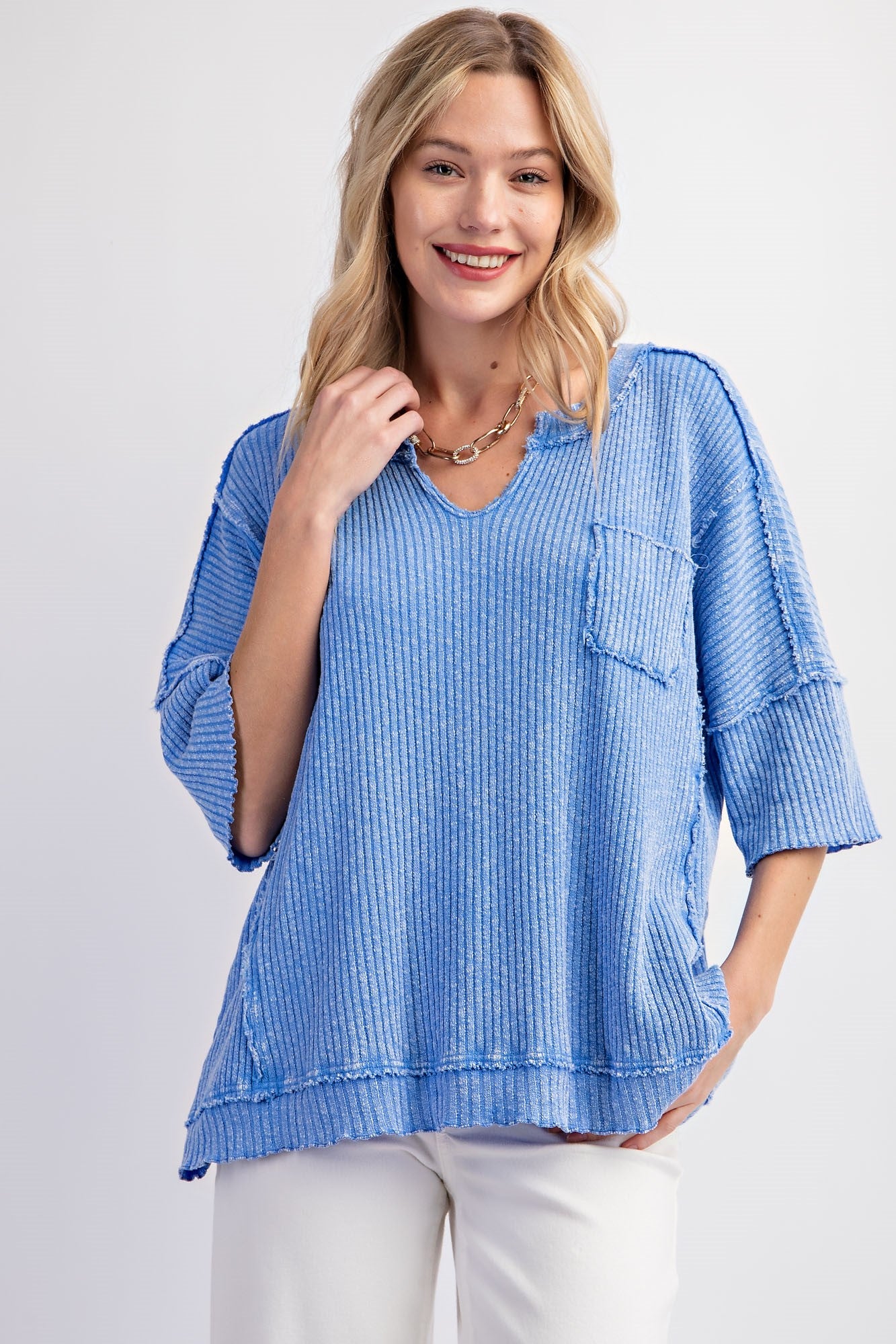 Short Sleeve Mineral Washed Thermal Knit Top - Peri Blue - Buttercup Lynne Boutique