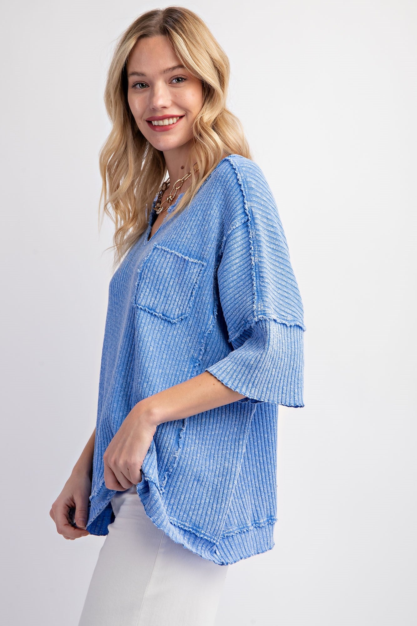 Short Sleeve Mineral Washed Thermal Knit Top - Peri Blue - Buttercup Lynne Boutique