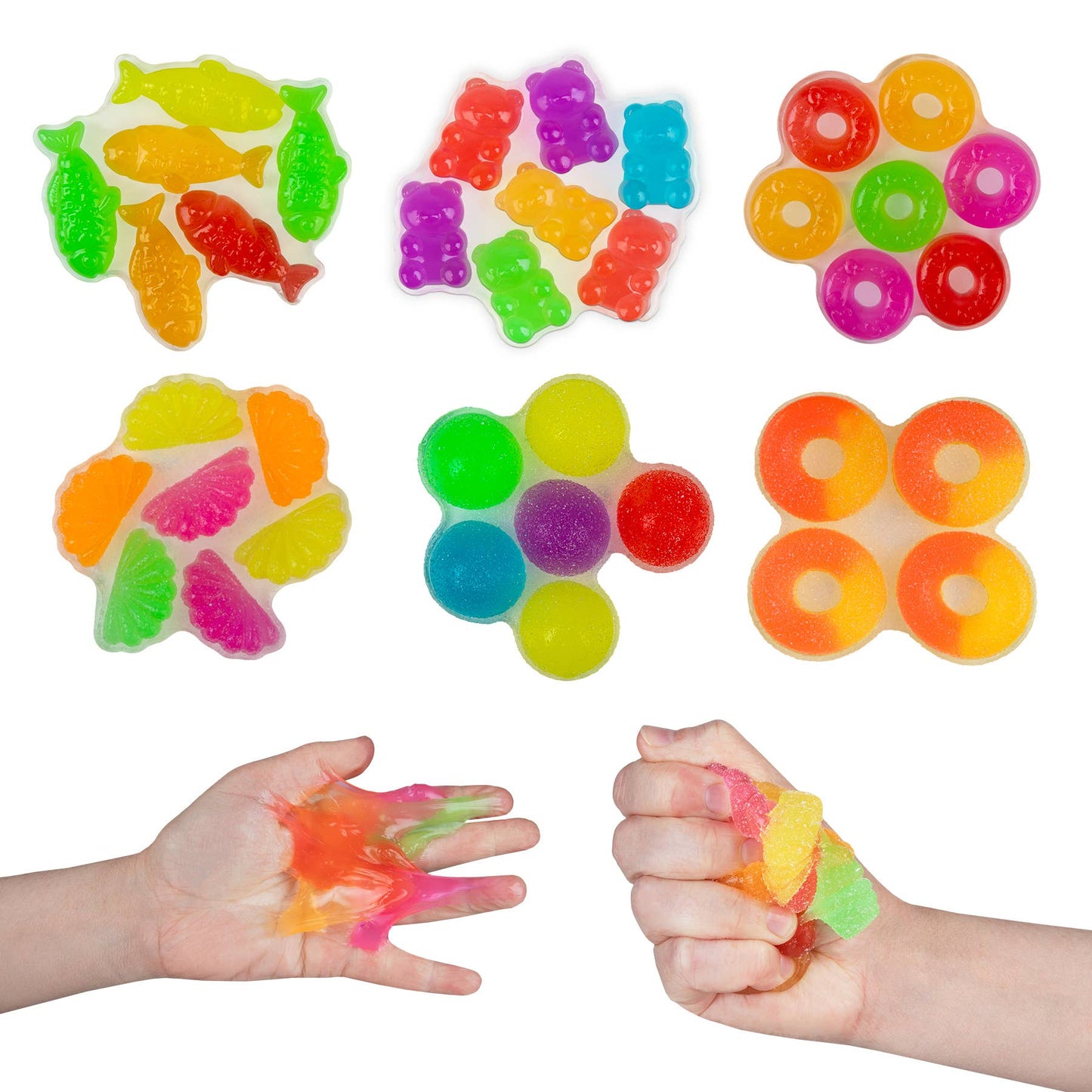 Colorful gummy bear-shaped toys with children's hands interacting with them on a white background