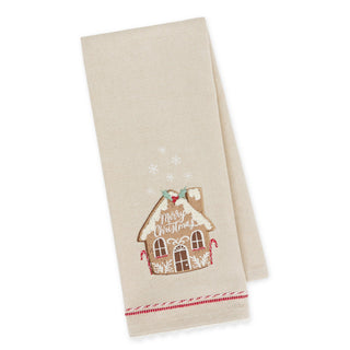 Beige linen dishtowel featuring embroidered gingerbread house with Merry Christmas text and red trim