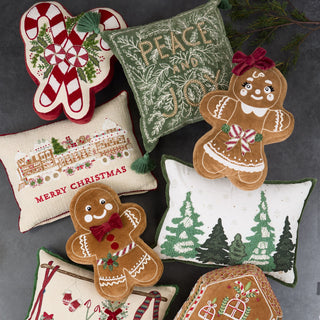 Gingerbread Train Embellished Christmas pillow with Merry Christmas text on cream background
