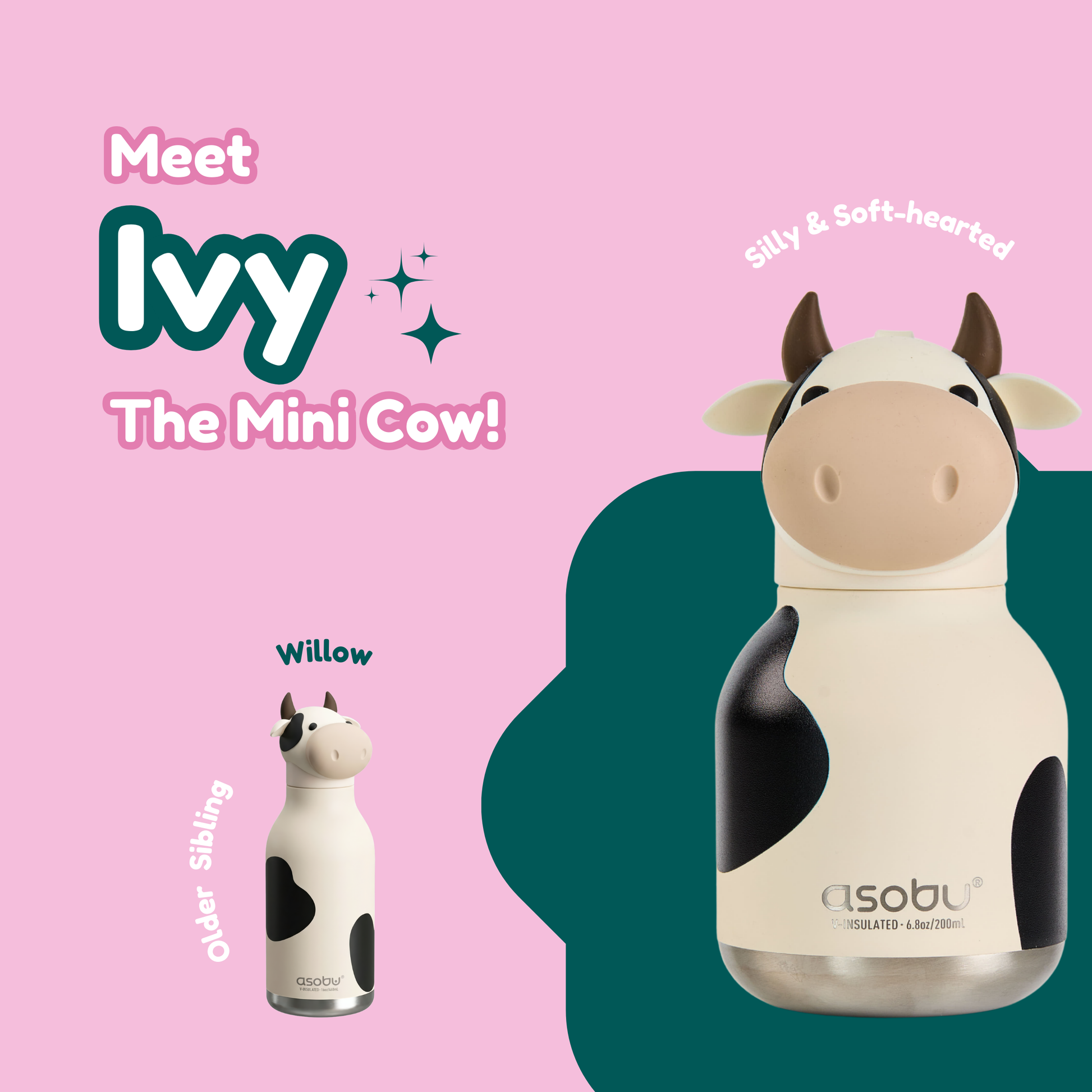 Asobu Mini Bestie Cow insulated bottle in white with black cow spots