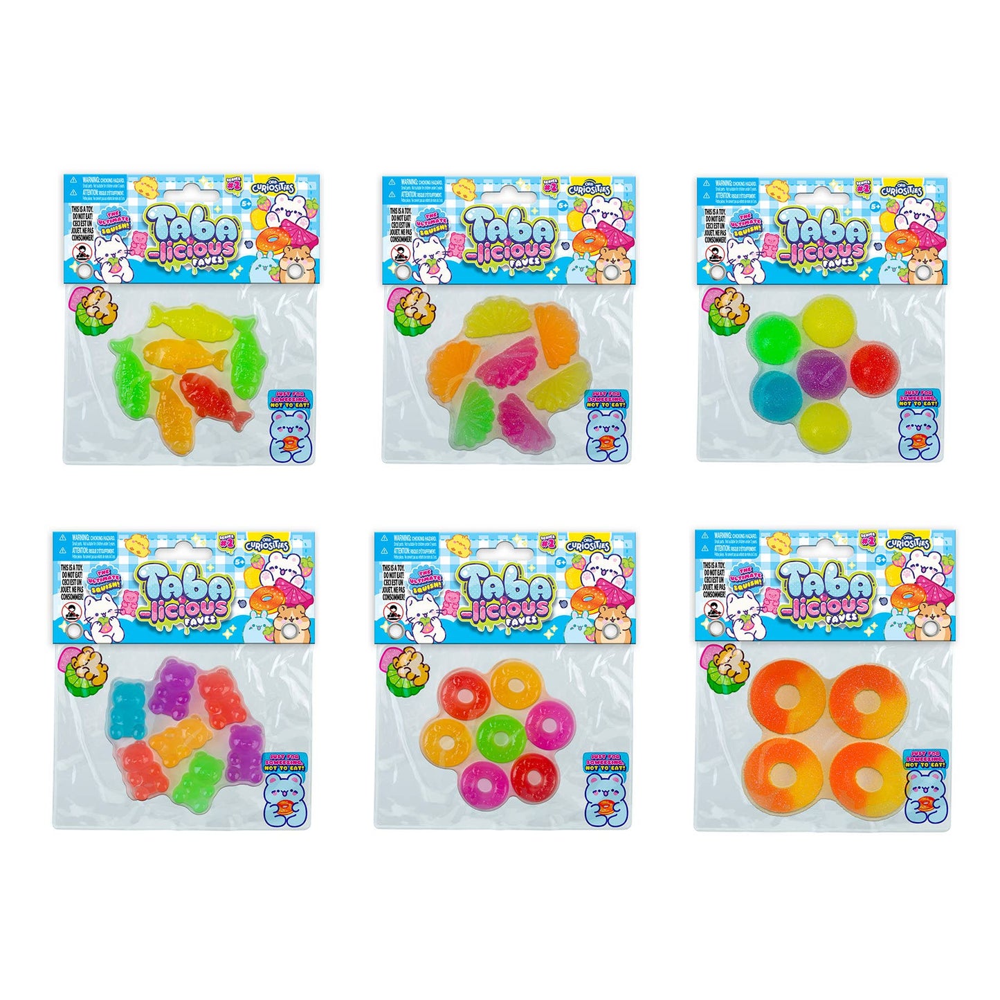 Set of six packages of colorful gummy candies with cartoon characters on a white background