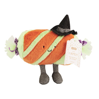 Mudpie Halloween candy plush toy with witch hat, orange and green striped, smiling face