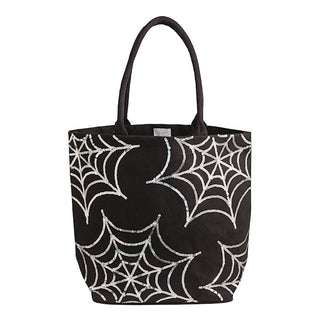 Black canvas Halloween tote bag with silver sequin spiderweb pattern and dual handles