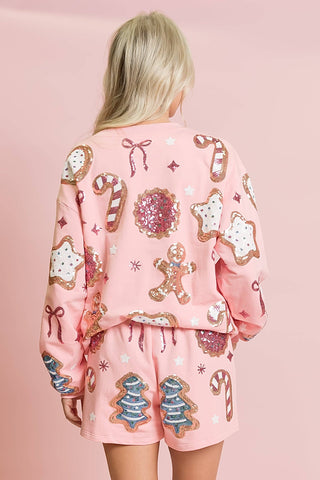 Pink sequin Christmas cookie print sweatshirt with matching shorts set, back view