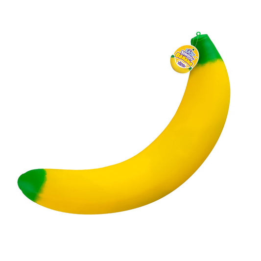 Toy banana with a green top and yellow bottom on a white background