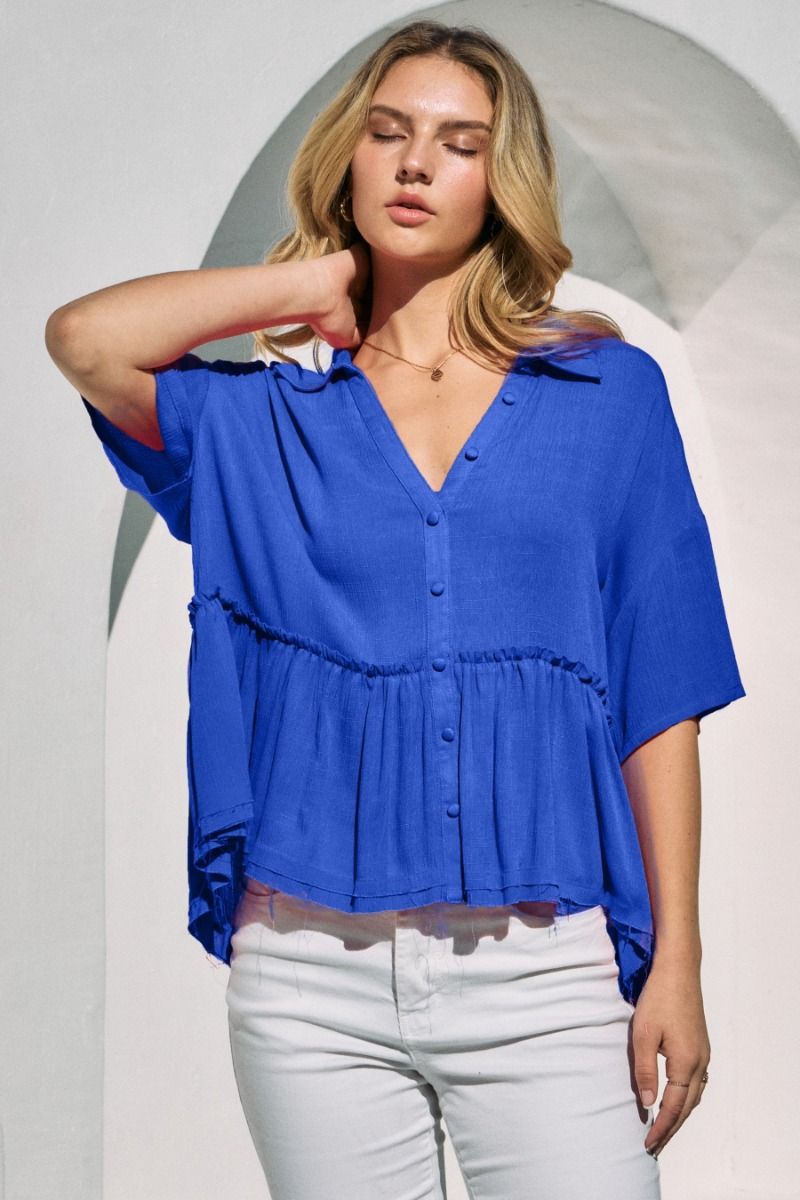Short Sleeve Baby Doll Top Ruffle V Neck - Blue - Buttercup Lynne Boutique