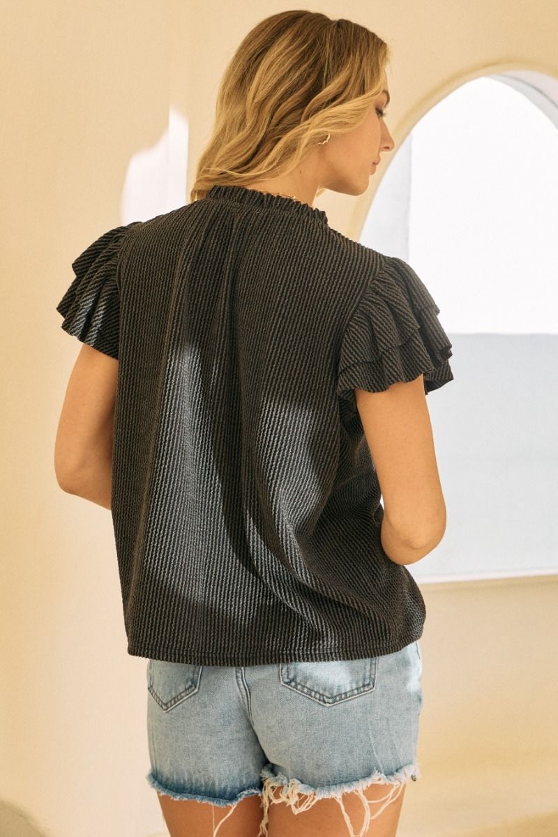 Charcoal Knit Top with Ruffle Short Sleeves and Neck - Buttercup Lynne Boutique