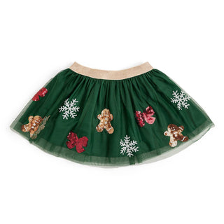 Green tulle kids Christmas tutu skirt with sequin gingerbread men, snowflakes, and red bows