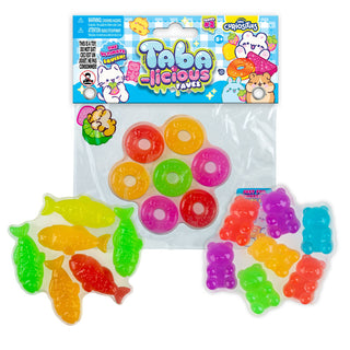 Colorful gummy candies with 'Taba Licious' packaging on a white background