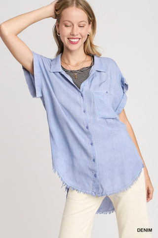 V-Neck Button Down Top with Frayed Hem - Denim - Buttercup Lynne Boutique